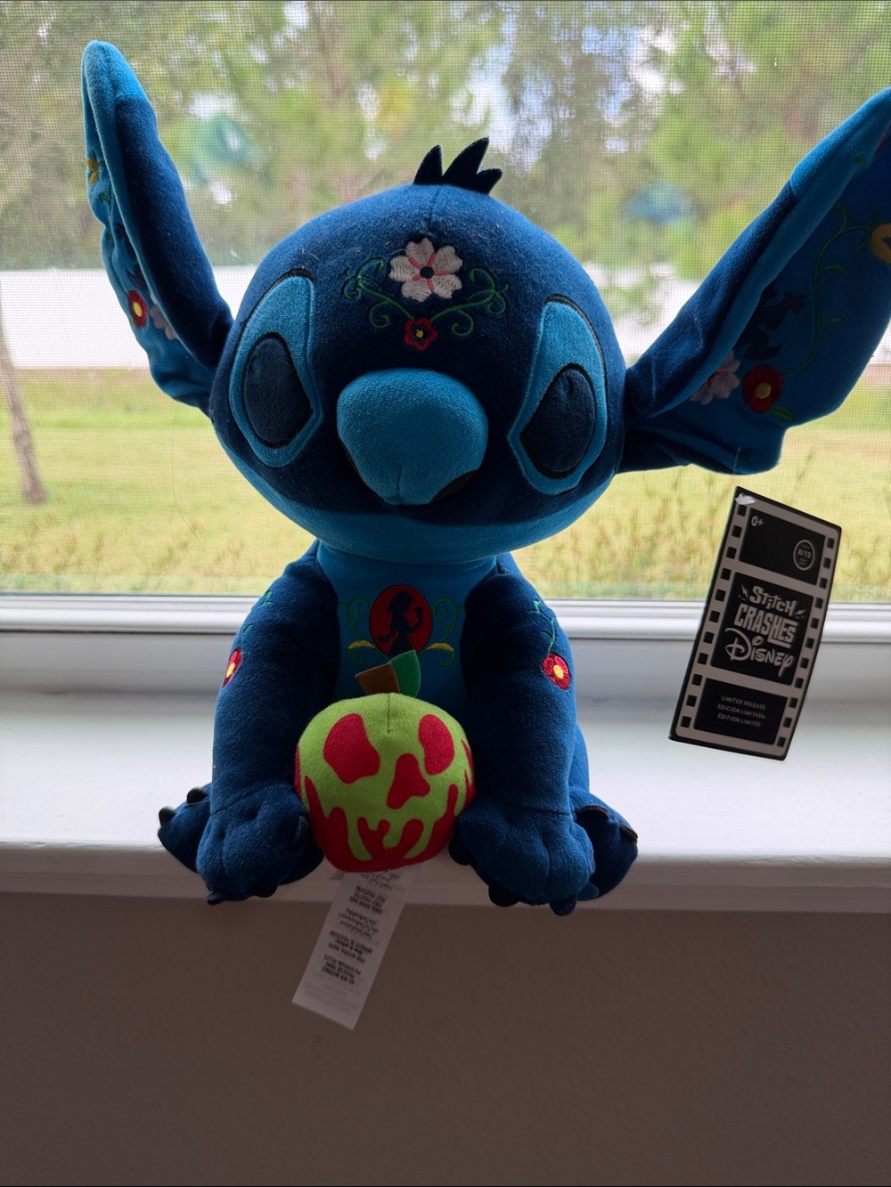 Disney Blue Stitch Plush with Green and Red Apple Accent
